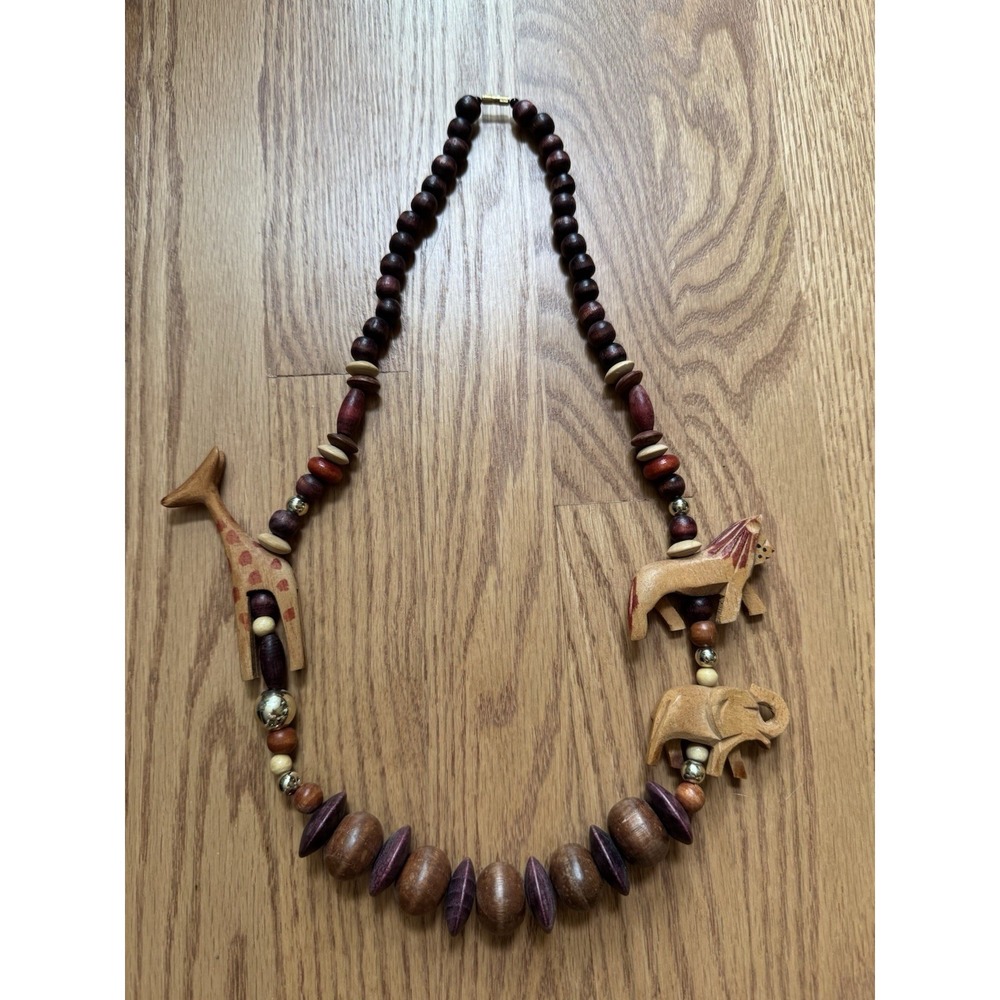 Vintage 1980s‎ Hand Carved Wooden Animal Safari Necklace Boho Statement Piece